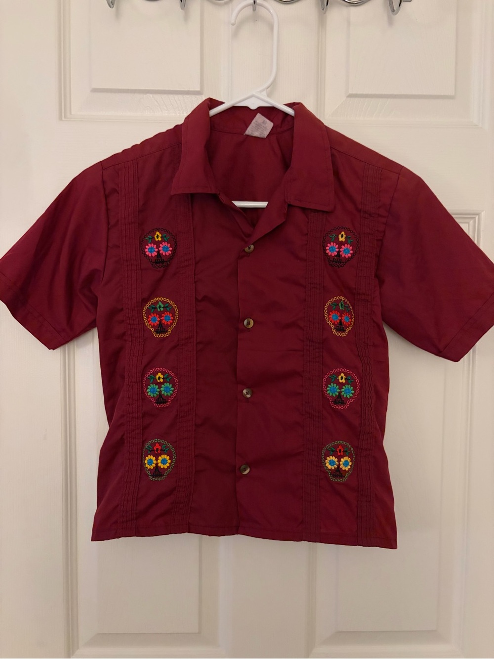Kids' Embroidered Maroon Guayabera Short-Sleeve Button-Down Shirt